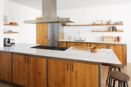 remodel oak kitchen cabinets asymmetrical floating shelves